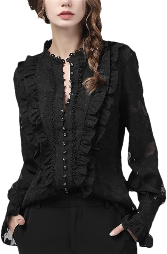 Disimlarl Lace Tops Women Autumn Ruffles Mesh Shirts Loose Plus Size Female Causal Office Blouses