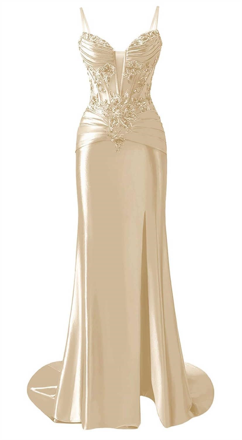 Kiyne Women's Champagne Mermaid Satin Prom Dresses With Slit For Sleeveless Spaghetti Strap Homecoming Dress Formal Party Gown Uk10