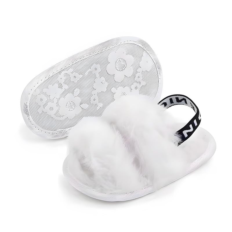 QIETION Girl's Soft Plush Lightweight House Slippers Non Slip Cross Band Slip on Open Toe Cozy Indoor Outdoor Slippers X101 White 11CM