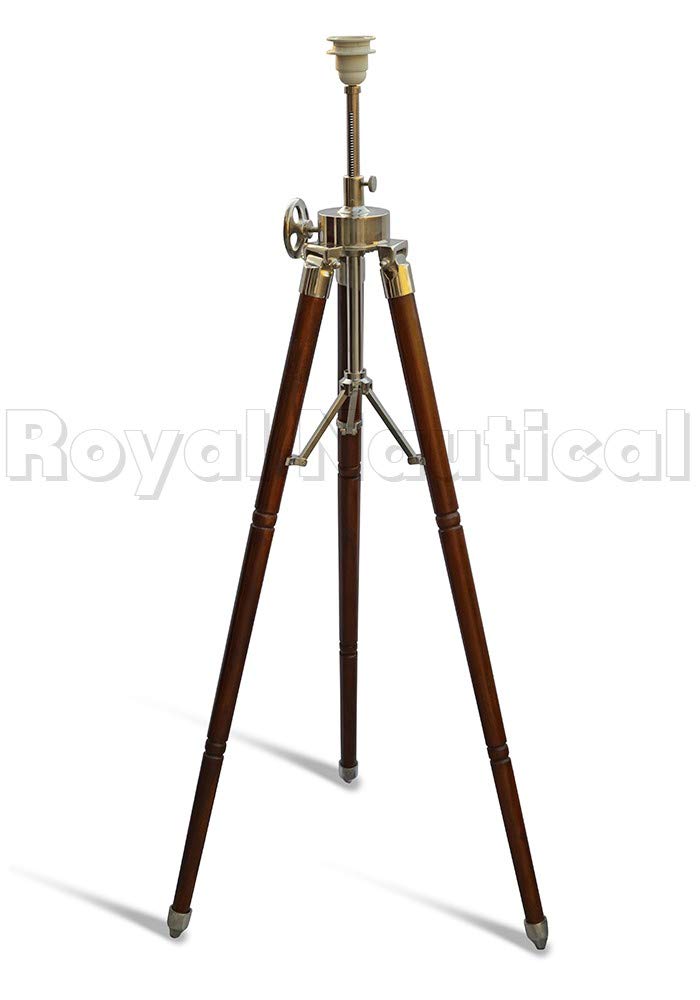 Support de lampe vintage en bois avec trépied réglable en teck Argenté