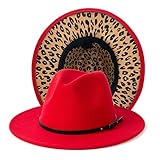 Gossifan Women Two Tone Wide Brim Fedora Felt Panama Hats Classic Belt Buckle Red/Leopard