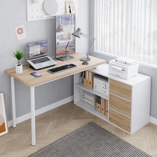 Jiaoun Home Office Computer Desk Corner Desk with 3 Drawers and 2 Shelves, 53-inch L-Shaped Study Desk with Storage, White + Walnut