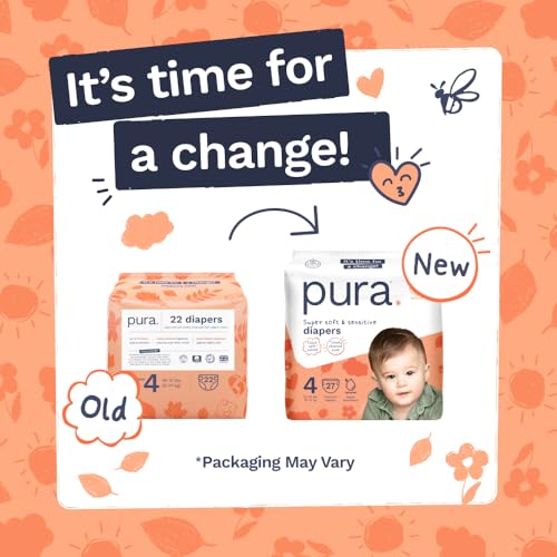 Image of Pura Baby Diapers Size 4-108 Count, 22-32lbs, 12hr Leak Protection, Soft & Gentle Diapers for Hypoallergenic & Sensitive Baby Skin, Toxin-Free*, Organic Cotton, Blowout Blocker, New Size Guide