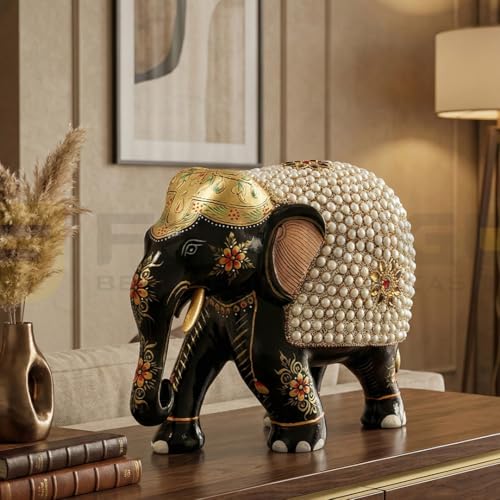 Image of EL04 Black Temple Elephant Idol Pair 6x4x7.5 Inch | Heavy Teak Wood Multicolor Painted Elephant with Stick-On Stone Work for Home Mandir, Pooja & Living Room Decor, Premium Gift - Pack of 1