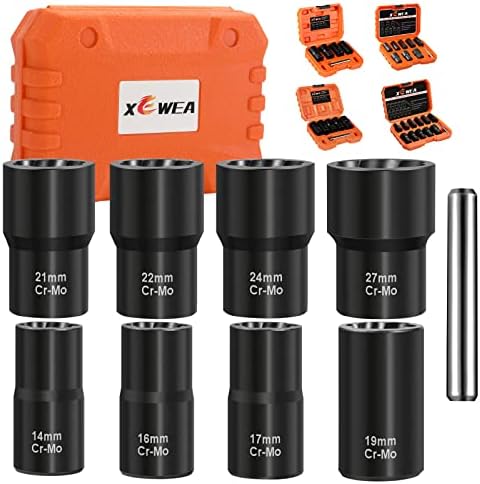 XEWEA 9PCS Bolt Nut Extractor Set, 1/2" Drive Impact Lug Nut Remover Socket Tool, Wheel Lock Removal Kit, Easy Out Bolt Extractor Set for Damaged, Frozen, Rusted, Rounded-Off Bolts Nuts & Screws