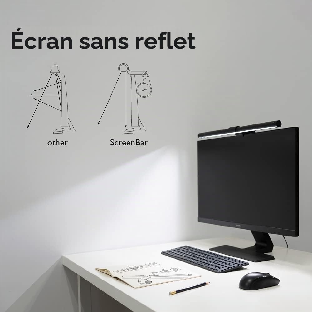 BenQ ScreenBar Light Bar, lampe de bureau LED pour écran PC, USB, éclairage intelligent, protection des yeux, Noir