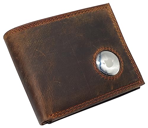 AirTag Wallet - Bifold Genuine Leather RFID Blocking Men's Wallet With AirTag Holder 2 ID Windows 10 Cards Holders - Airtag Not Included (Brown)
