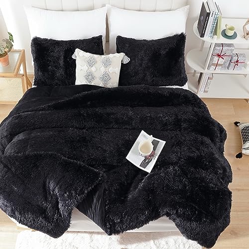 Smoofy Fluffy Twin Comforter Set, Faux Fur Comforter Set, Luxury Fuzzy Twin Bedding Set, Soft Shaggy Bed Set for All Season, 2 Pieces - 1 Comforter & 1 Pillowcase, Black