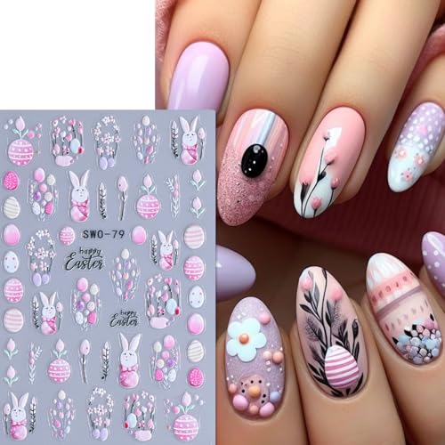 5D Easter Bunny Nail Stickers - 2-Pack Cute Spring Nail Art Decals for Women & Girls - Waterproof Nail Decals for Nails, Toes, & DIY Nail Designs - Perfect for Easter & Spring Party