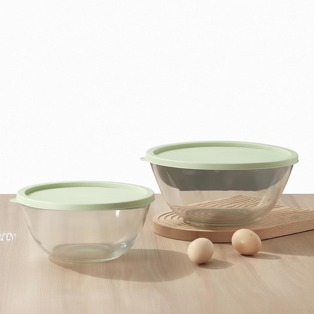Glass Mixing Bowl, Covered Glass Bowl Set (2.7l+4.5l) Transparent Salad Bowl For Baking, Cooking, Serving, And Food Preparation,