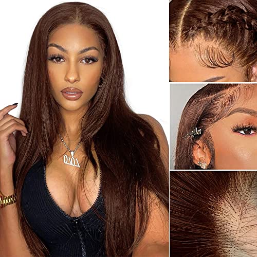 Mzkew Brown Lace Front Wigs Human Hair Warm Brown Lace Wig 13x4 Brown Human Hair Wig Pre Plucked with Baby Hair Straight Human Hair Wigs Glueless Brown Human Hair Wigs for Black Women (28 inch)