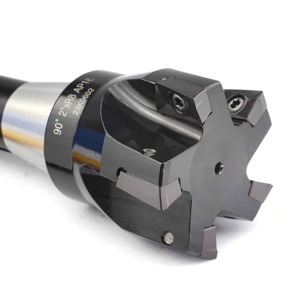 Indexable End Mill with 5 Pcs APKT1604 Carbide Inserts, 2" Cutting Diameter, 6-1/8" Overall Length, 90 Degree, R8 Shank, 5 Flutes