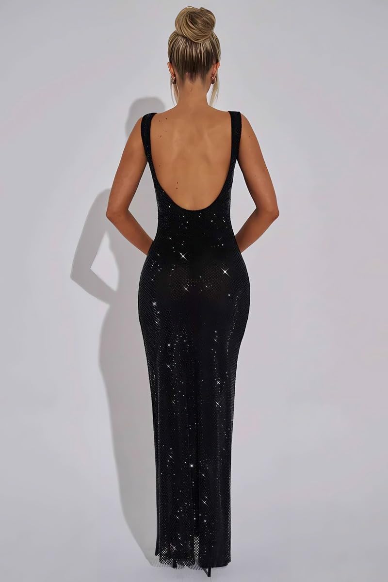 Women's Sparkly Bodycon Square Neck Prom Dress Sequin Mesh Backless Cocktail Party Dresses - Image 3