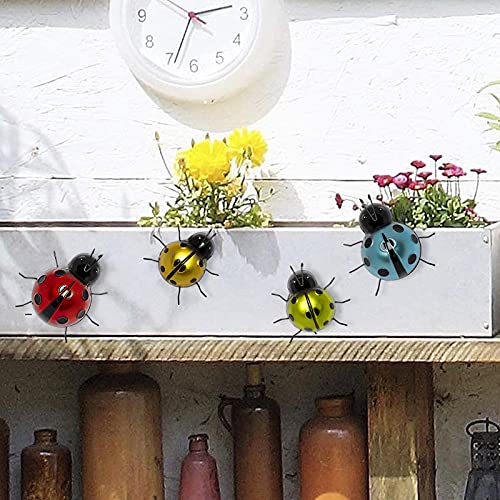 Aboxoo Garden Metal Ladybug Decor Set Of 4, Outdoor Wall Art Ladybugs Decorations, Colorful Statues Outdoor Indoor Wall Sculptures #TOP4