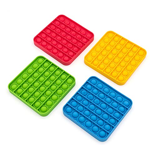 Image of 4pk Square Color Push It Pop It Bubble Fidget Toy | Perfect Sensory Toy for Stress Relief, Anxiety, Autism or as a Coaster | Includes 4 fidgets - Blue, Red, Yellow, Green | 5 inch Square.