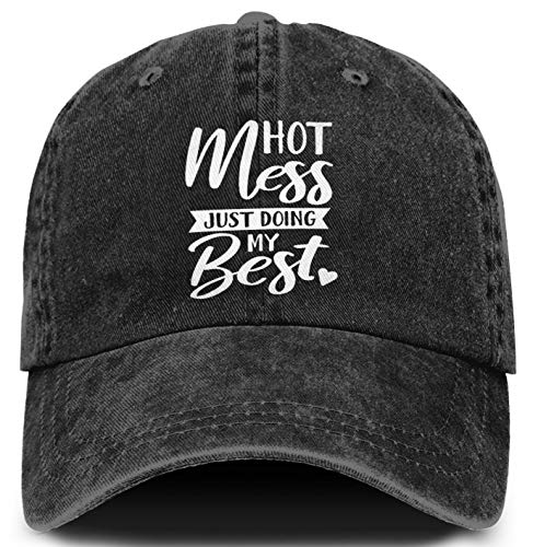 Hot Mess Just Doing My Best Hats, Vintage Adjustable Washed Distressed Cotton Baseball Caps for Women Men (Hot Mess Just Doing My Best Black, One Size)