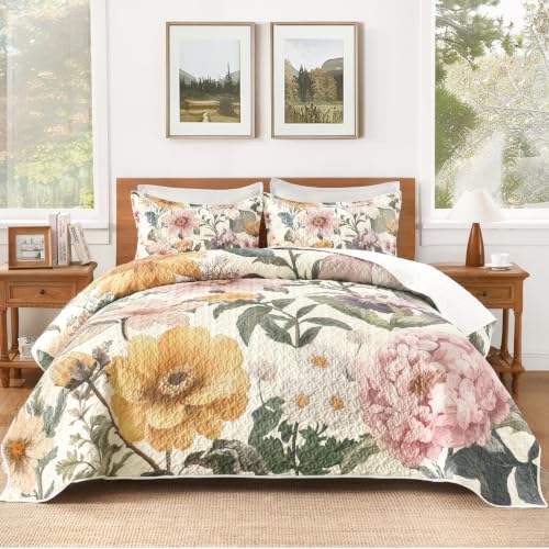 Image of Andency Floral Boho Quilt King Size Bedding Set Beige Blush, 3 Pieces Farmhouse Colorful Flower Botanical Summer Bedspreads with 2 Shams, Soft Reversible Lightweight Coverlet Set All Season, 106 inchx96 inch