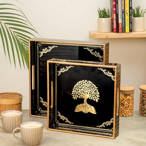 Image of Wooden Serving Tray with Gold Engraving | Set of 2 | Size : 12 x 12 inch & 10 x 10 inch | Enamel Coated Waterproof | Square Trays | Decorative Trays (Tree of Life)