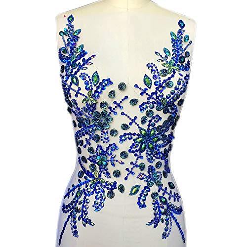 Sew on Sequin Crystal Rhinestones Beaded Clothes Appliques and Back Patches for Sewing Clothes Wedding Bridal Dress Decorative (Blue, 12x21 inch)