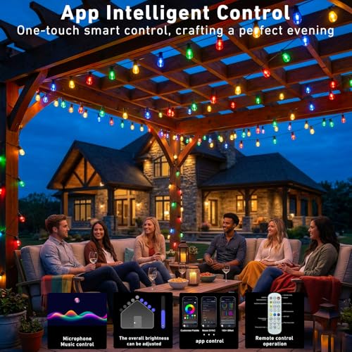 Image of Outdoor String Lights,200FT Smart RGB+IC Patio Lights with Shatterproof LED Bulbs ,Outside Light Dimmable Patio for Decor DIY IP67 Waterproof ,Courtyard, garden,Holiday,LED lights more Scene Modes