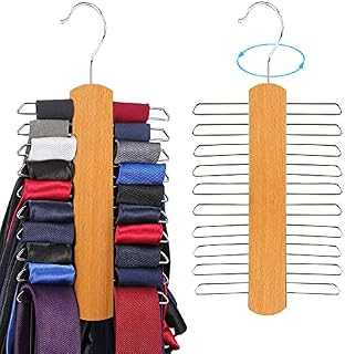 2 Piece Wooden Tie Hanger, Swivel Tie Racks, Tie Belt Rack, with 20 Metal Partitions and 360 Degree Rotating Clothes Hook, for Hanging Belts, Tie, Scarves, Neckties and More
