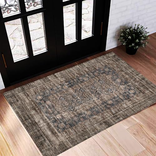 CHAMPLANT Washable Area Rug 2'x3' Door Mat Vintage Distressed Doormat Indoor Entrance Traditional Thin Rug Floral Print Non Slip Carpet for Kitchen Bathroom Bedroom Living Room