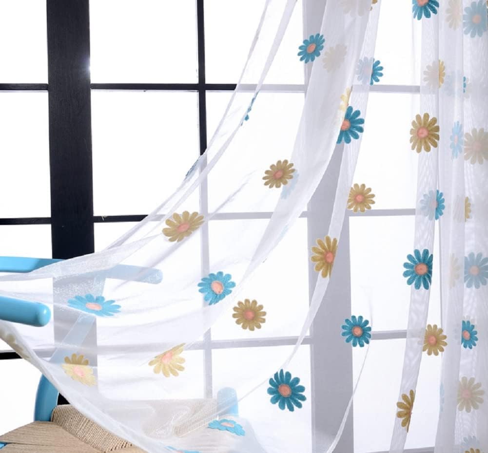 Cute Sunflower Embroidered Small Fresh Light Proof 2 Panels Sheer Curtains Transparent Gauze Voile for Living Kids Room Bedroom Balcony(2 Panels, W 100 x L 84 inch, White)