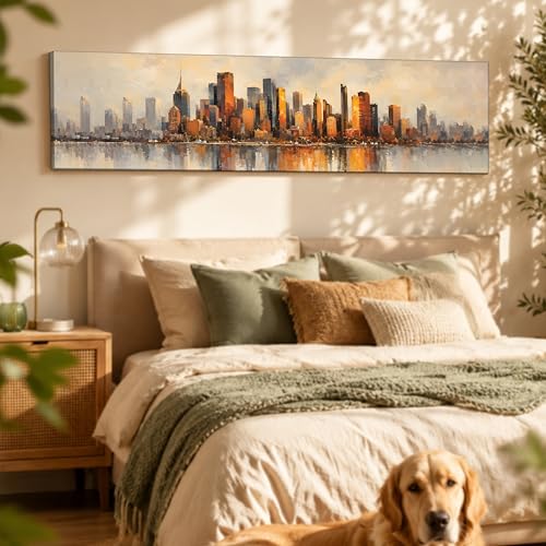 Image of Modern Urban Skyline Stretched Canvas Wall Art Painting for Living Room, Abstract Cityscape Canvas Wall Decor For Livingroom, Bedroom, Office, Hallway's, Hotel 12x46 Inch