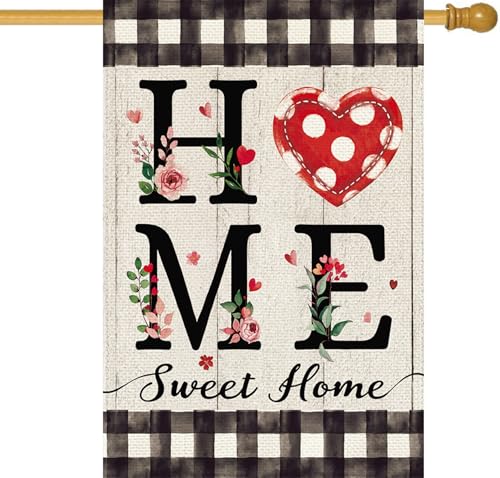 ORTIGIA Valentines Day House Flag, Valentine's Day Love Heart Home Sweet Home Flags Burlap Double Sided Large Flag Home Anniversary Wedding Yard Lawn Patio Outdoor Decor 28x40 inch