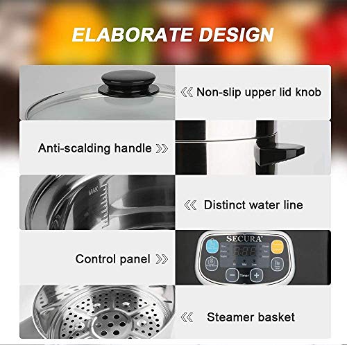Secura Electric Food Steamer, Vegetable Double Tiered Stackable Baskets with Timer 1200W Fast Heating Stainless Steel Digital Steamer 8.5 Quart - Image 4