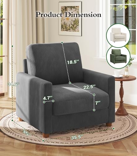 Image of Kidirect 35.5in Corduroy Sofa Accent Chair, Tool-Free Setup Living Room Couch Accent Chairs, Reading Chair for Bedroom 22.5in Extra Deep Seats, Comfy Arm Chairs for Office, All-Wood Reading Nook Grey