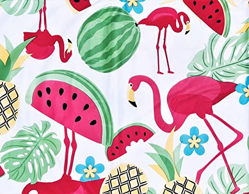 Elrene Home Fashions Summer Fun Colorful Flamingos, Fruits, And Tropical Flowers Vinyl Flannel Back Tablecloth (52''X52'' Square) Pink/Red/Green/Yellow/Black/Blue/White #TOP2