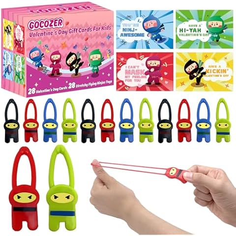 Valentines Day Gifts for Kids Classroom, 28 Pack Ninja Valentines Day Cards with Stretchy Flying Elastic Slingshot Ninja Toys, Sticky Hands for Kids Valentines Exchange Gifts School for Boys & Girls Cover