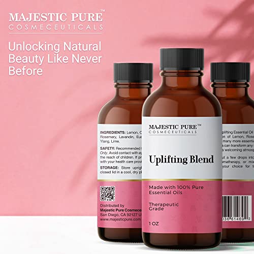 Majestic Pure Uplifting Essential Oil Blend | 100% Pure & Natural Therapeutic Grade Blend For An Uplifting Environment, Encourages Productivity | 1 Oz | Lemon, Rosemary, Eucalyptus, Ylang Ylang #TOP6
