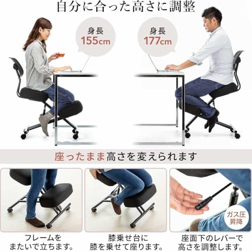 バランスチェア ガス圧昇降 54～67.5cm 背もたれ付 腰痛対策 大人用 キャスター付き ブラック [3]