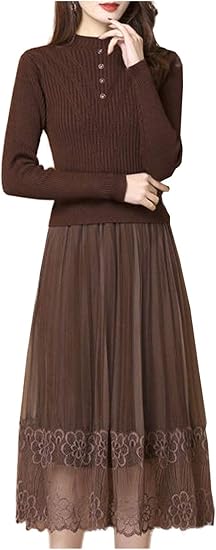 Amazon Co Jp ワン アンブ ニット レース ワンピース 切り替え ハイネック 花柄 プリーツ きれいめ 結婚式 お呼ばれ 長袖 秋 冬 S L レディース 服 ファッション小物