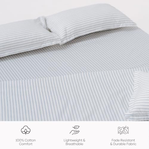 Image of Haus & Kinder Double Bed Bedsheet 90 x 100 | 186 TC Pure Cotton Bed Sheet Double Bed with 2 Pillow Covers | Queen Size Bed Sheet | Ruri Stripe Lapis Blue