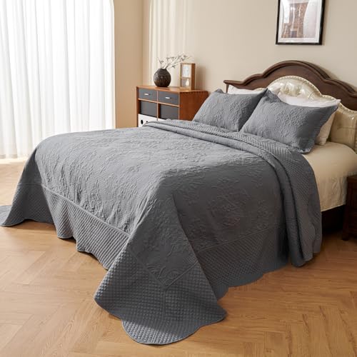 Image of EVENHUG Oversized King Bedspreads California King Quilt Set with Pillow Shams Extra Wide Large King Size Quilts Lightweight Coverlet Bedding Sets Light Grey 120 inchx128 inch