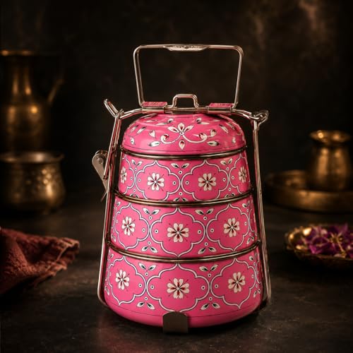 Image of iHandikart Handpainted Decorative Lunch Box Tiffin | Multiple Tier Stainless Steel Food Box | Designer Indian Print Tiffin for School | Diwali Gift, Navratri Gift (Color - Multicolor)