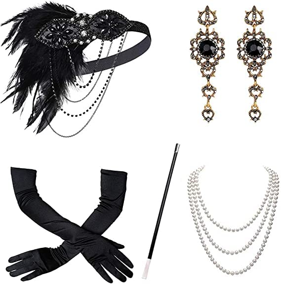 YEEBOM1920s Flapper Great Gatsby Costume Accessories Set - 20s Feather Headpiece Cigarette Holder Necklace Gloves