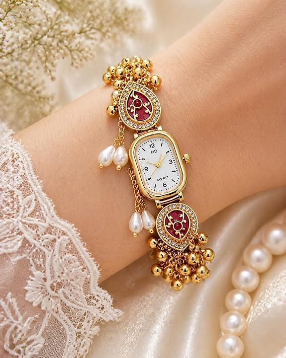 Image of RealTrend Premium Kashmiri Watch for Women, Gold-Plated Bracelet Watch for Women with Red Stone & Ghungroo | Ethnic Analog Wrist Watch | Bridal & Wear Jewelry