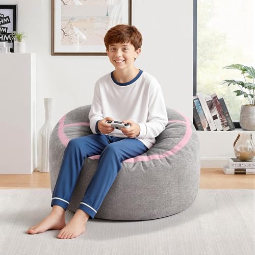 Image of 2FT Bean Bag Chair 2'Bean Bag Chairs with Memory Foam Filled Small Bean Bag | Bean bags with Washable Cover Luxurious Velvet Fabric, Comfy Chairs for Living Room, Bedroom, Dorm, Lightgrey with Pink