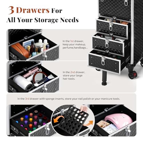 Image of Rolling Makeup Train Case with Drawers Cosmetology Case on Wheels | 4 in 1 Large Cosmetic Organizer for Hairstylist,Makeup Artist Nail Trolley Cart Salon Storage Traveling Cart Trunk