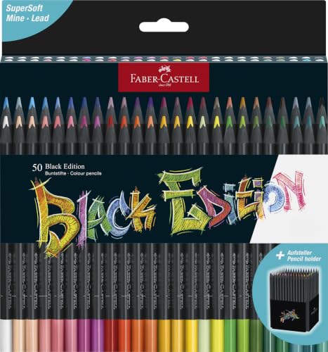 FABER-CASTELL - zestaw kredek Black Edition, 50 sztuk, w kartonowym etui | Wspaniałe kredki do jasnego i ciemnego papier