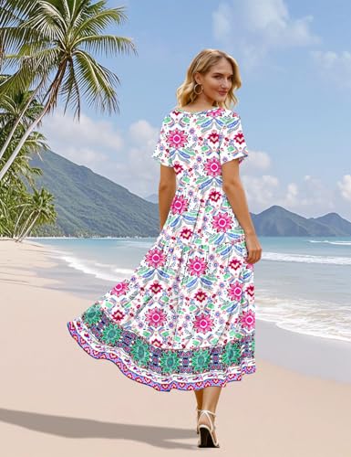 Image of YESNO Women's Summer Maxi Dresses Casual Floral Short Sleeve V Neck Boho Beach Vacation Swing Dress with Pockets EVF