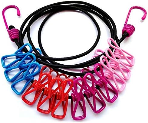 WongPing Portable Travel Elastic Clothesline Adjustable Camping Clothesline with 12pcs Clothespins Hotel Balcony Laundry Clothes Lines Rope Outdoor and Indoor Use