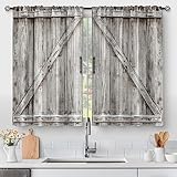 Aimego Wooden Barn Door Kitchen Curtains - Country Wood Farmhouse Rustic Farm Retro Western Cafe Short Tier Curtains Decor for Living Room Rod Pocket Window Drapes 36 Inch Length 2 Panels 28