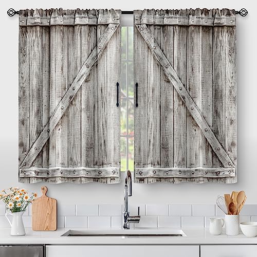 Aimego Wooden Barn Door Kitchen Curtains - Country Wood Farmhouse Rustic Farm Retro Western Cafe Short Tier Curtains Decor for Living Room Rod Pocket Window Drapes 36 Inch Length 2 Panels 28
