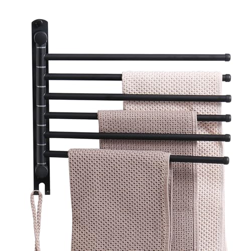 Swivel Towel Rack 14 Thicken 304 Stainless Steel 6-Arm Adjustable Towel Bar Wall Mounted Towel Holder with Hook Space Saving for Kitchen Bathroom Outdoor (Black 6 Arms)