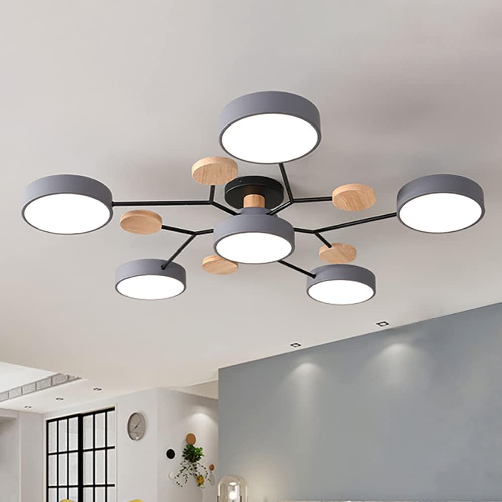 Dimmable LED Ceiling Light Fixture,32 Inch 6-Lights Modern Ceiling Lights Flush Mount Wooden 48W Chandelier for Living Room Bedroom Kitchen,3000K/4000K/6000K Temperatures Selectable Grey Gray 6 - Lights
